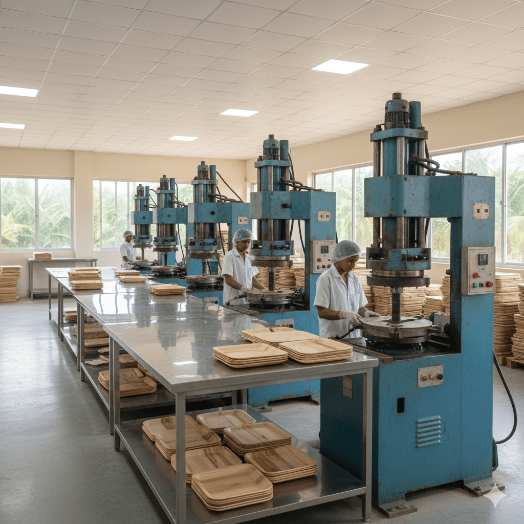 Employees working inside an areca leaf dinnerware industry
