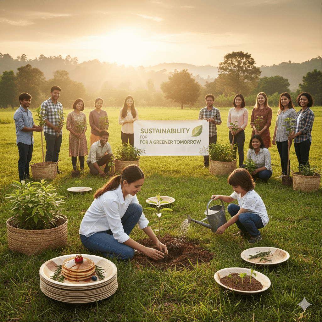Employees working inside an areca leaf dinnerware industry